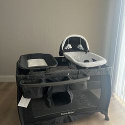 New Pamo Babe Deluxe Nursery Center, Foldable Playard for Baby & Toddler, Bassinet, Mattress, Changing Table for Newborn(Black)