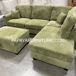 New! Plush Gray Sectional, Sectional And Storage Ottoman, Sectionals, Sofa, Couch, Gray Couch, green Couch, Corduroy Sectional, USB Charger Sofa