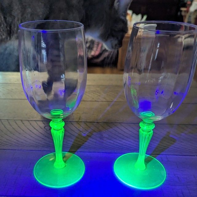 Vintage Uranium Glass Tiffin Stemmed Wine Glass 8" Depression Vaseline Glass