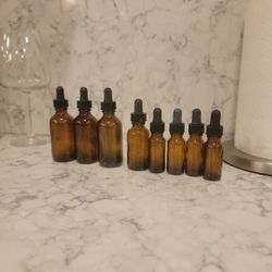 8 Glass Amber Bottles With Glass Droppers. Assorted Sizes