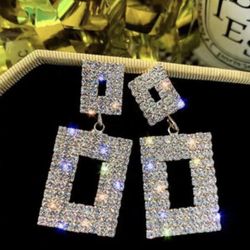 Luxurious Square Rhinestone Dangle Earrings Party Banquet Sparkling Silver 