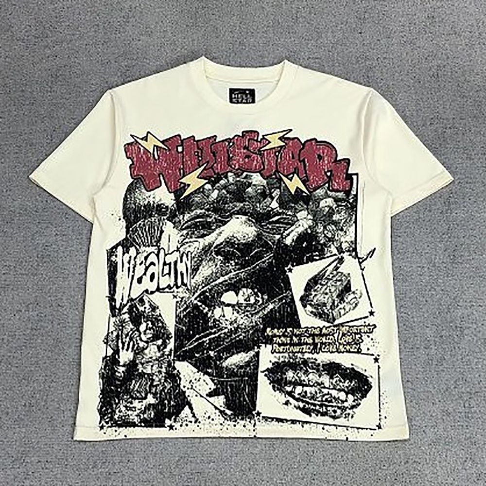 Hellstar Full Print Retro Letter Cream Short Sleeve