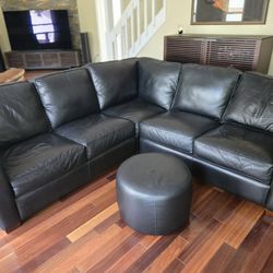 Thomasville Black Leather Sectional Couch and Ottoman