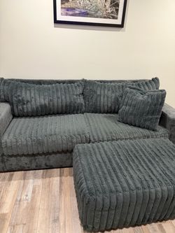 Gray Corduroy Sectional Sofa with Ottoman
