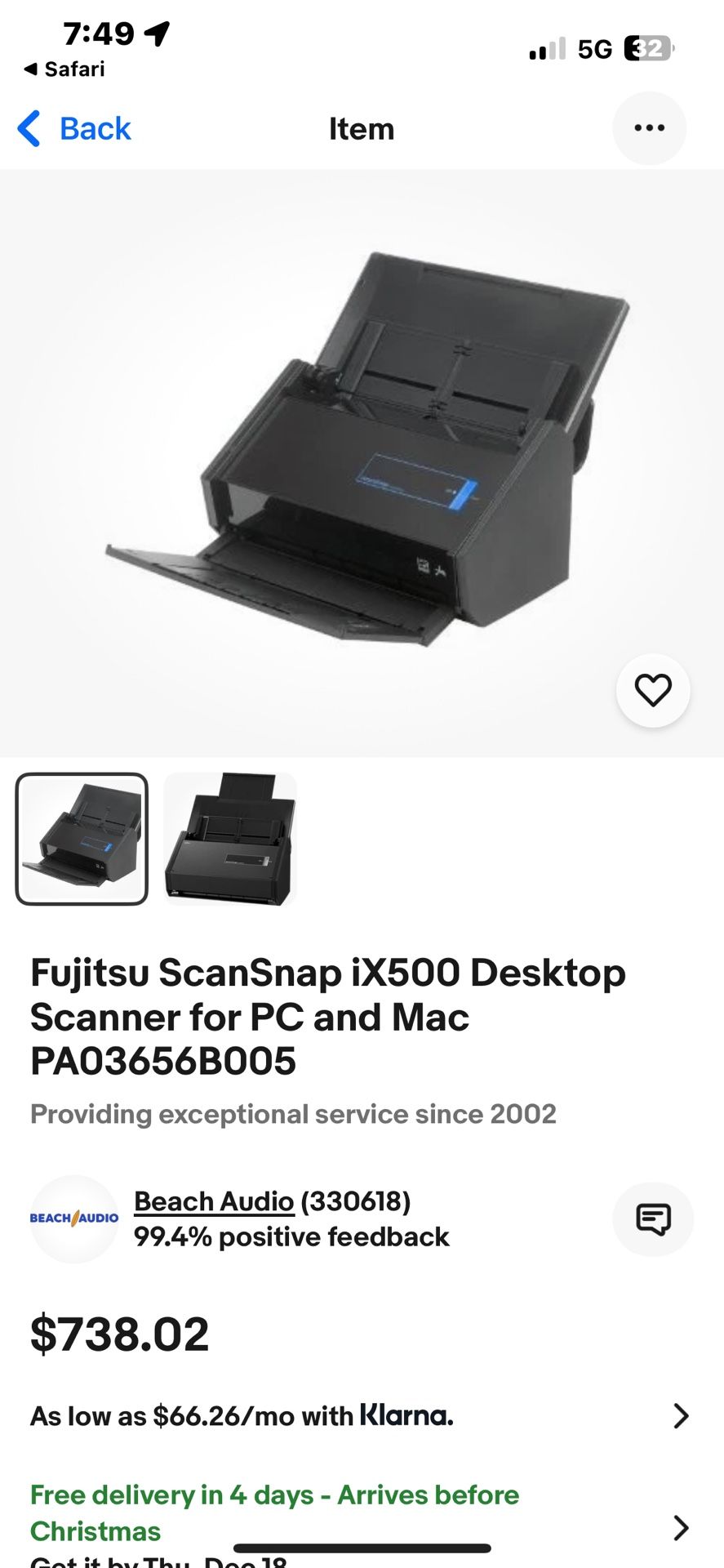 Fujitsu ScanSnap iX500 Desktop Scanner for PC and Mac PA03656B305
