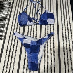 jean print bikini with swim skirt and head scarf