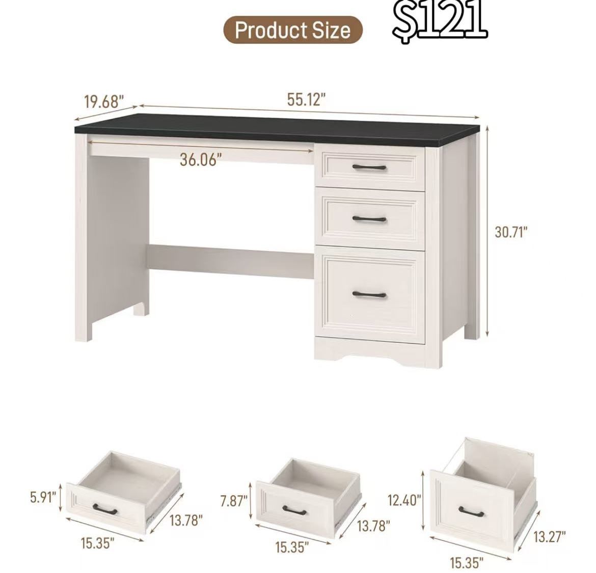 😀 Vabches 55" Wooden Executive Desk with 3 Drawers, Farmhouse Computer Desk with Storage Cabinet and File Drawer, Workstation Office Desk for Work