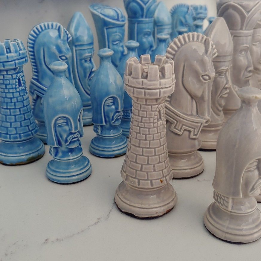 Chess Set Vintage Antique Ceramic Pieces Wood Glass Storage Box