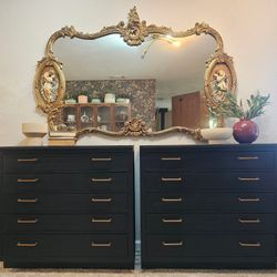 🖤 Pair of 6-Drawer Dressers – Black & Brass, Oversized Style