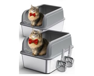 Powools Stainless Steel Cat Litter Box, Metal Litter Box with Scoop, High- Sided, Anti-Leakage Top Entry, Non-Sticky, Easy to Clean, Grey, M (2 Pack)