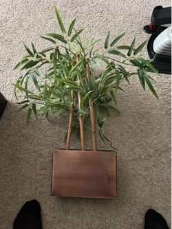 Artificial Bamboo Foliage Plant – Decorative Faux Green Plant in Rectangular Brown Planter