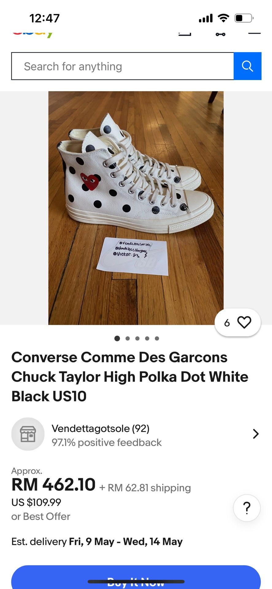 Converse Comme Des Garcons Chuck Taylor High Polka Dot White Black US -6