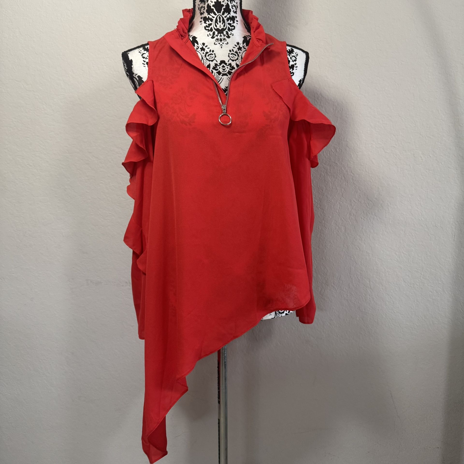 ASOS Cold Shoulder Top Size 2 Long Sleeve Red Ruffle Neck Asymmetrical
