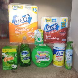 Household Bundle Gain Pods, Gain Dryer Sheets, Toilet Paper, paper towels, Febreeze, Dawn And Lysol