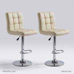 Modern Adjustable Swivel Bar Stools Set of 2 – White Faux Leather  Juego de 2 bancos modernos giratorios ajustables – cuero sintético blanco