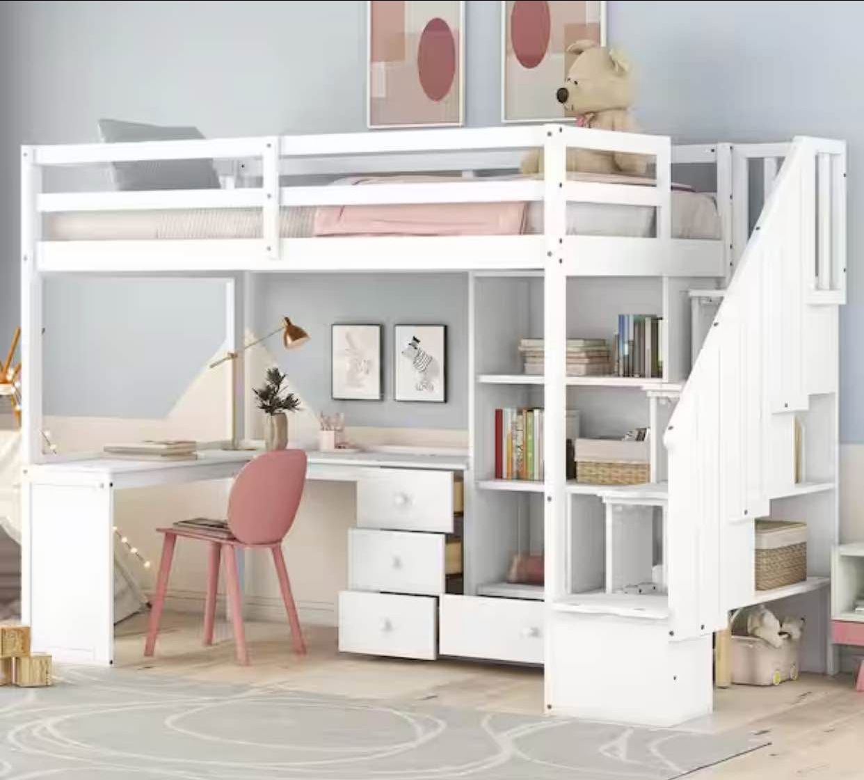 Polibi Twin Size Loft Bed with L-Shaped Desk and Drawers, Cabinet and Storage Staircase, White