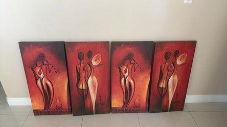 4 pcs African-style figurative canvas art panels feature abstract silhouettes in warm red and orange tones.$60