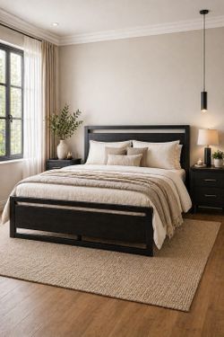 Queen bed Metal Platform Bed Frame with Wooden Headboard and Footboard, Mattress Foundation, No Box Spring Needed, Large Under Bed Storage, Non-Slip W