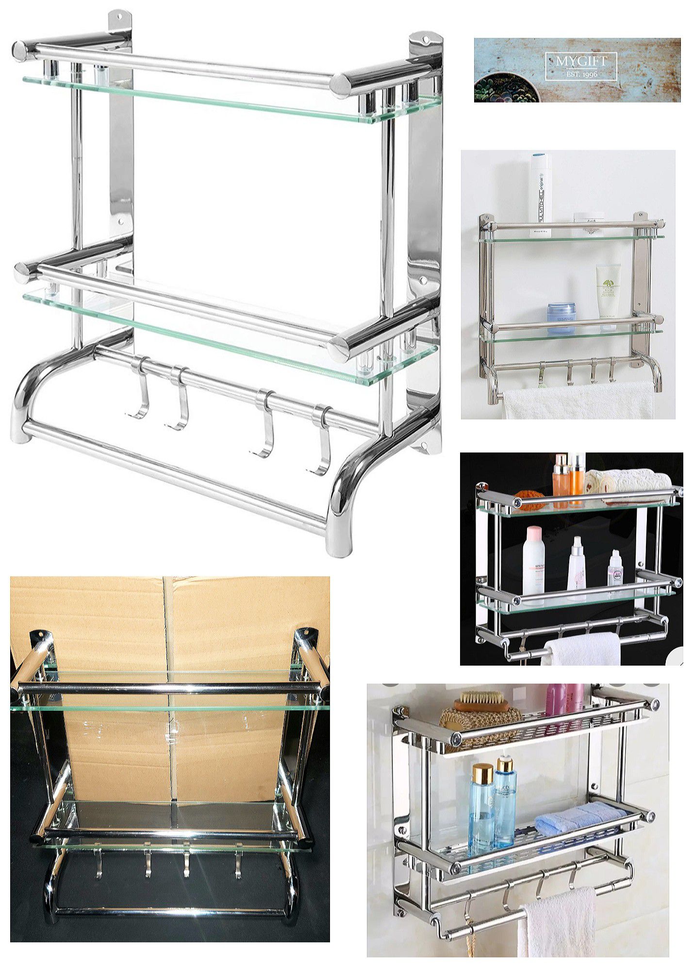 Stainless Steel Bathroom Shelf Storage Rack/ Organizer- Wall Mounted 2-Tier Glass Shelves, Towel Bars w/Hooks