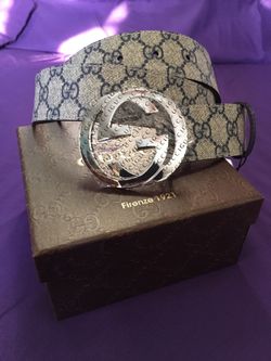 Gucci Beige Blue Monogram Belt + Red Guccissima Package