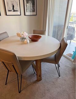 Dining Set - Beautiful round white stone dining table with 4 cream chairs