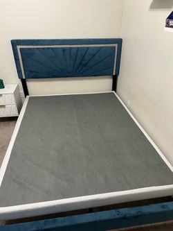 Teal Velvet Upholstered Bed Frame with Headboard