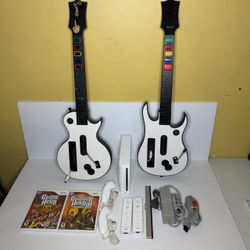 Wii Console Bundle Guitar Hero Games + Controllers + Guitars+ Cords + Tested!!