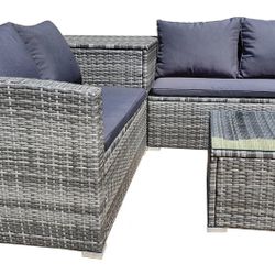 4 Piece Outdoor Sectional Sofa Set, Rattan Patio Storage End Table Deck Yard Garden Poolside Wicker Furniture Couch Table & Cushions Side Summer Grey