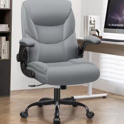 Leather Office Chair, Small PU Ergonomic Desk Chair, Comfy Computer Chair with Wheels and Flip-up Armrests, Adjustable Height Mid Back Executive Offic