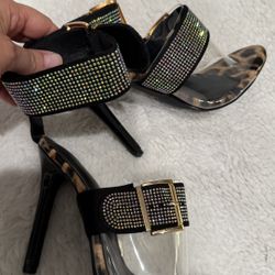 Women’s Rhinestone Buckle Heels - Leopard 