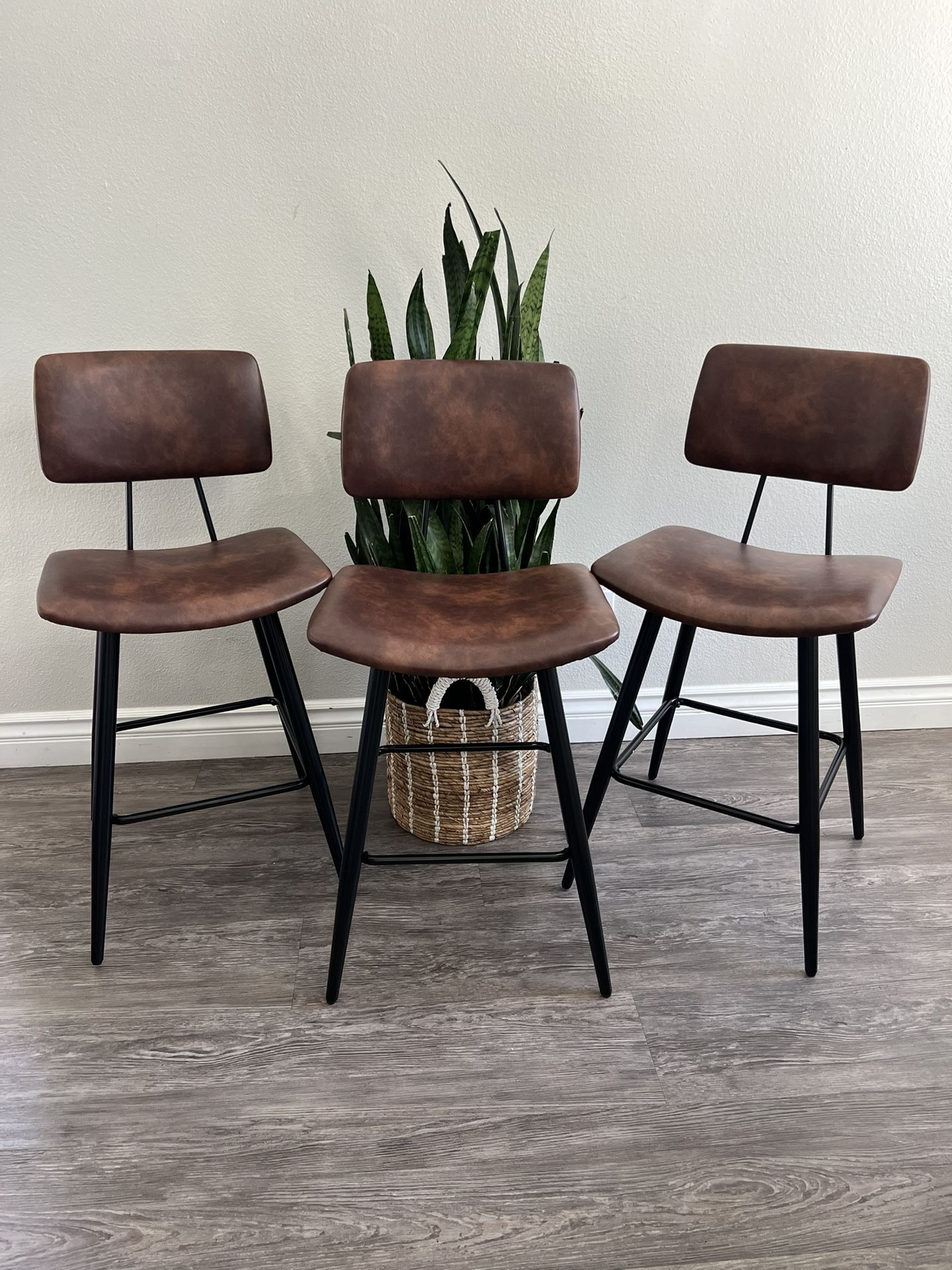 24.5" Counter Height Bar Stools Set of 3, Red Brown Faux Leather Upholstered Barstools with Back Footrest and Metal Legs, Armless Bar Chairs for Kitch