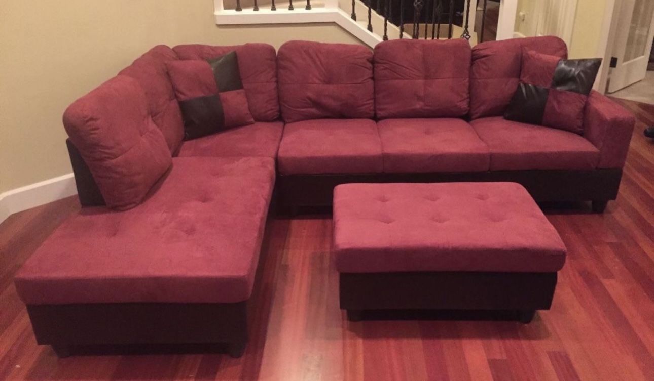 Red Microfiber Sectional Couch And Ottoman