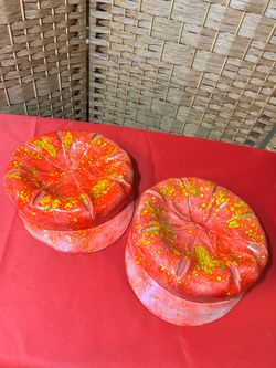 Vintage 1979 Signed Studio Art Pottery Set - Red/Orange Splatter Glaze (Pair)-$45 Pair CASH