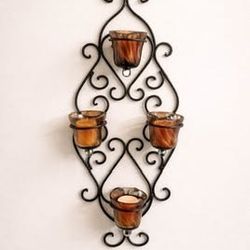 Metal Wall Candle Holder – 4 Amber Glass Votives Included
