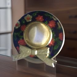 Vintage sparkling glitter enamel flower patterns mesh hat w/ bow gold tone pin