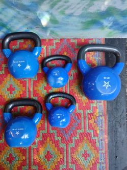 NEW VINYL BLUE KETTLEBELLS :  (PAIRS OF)  20s = $80 / (PAIRS OF) : 50s = $160 / SINGLE : 90 lb. = $220  • Also have :  5lb.  thru 100 lb. Kettlebells