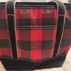 Lands End Open Top Heavy Canvas Tote Bag Plaid 12”x11”x5” Red Black Carry On