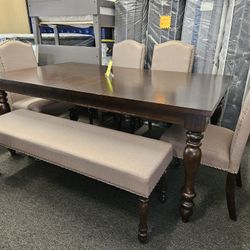 Brand New 6 Pcs Dinning Set Light Brown Fabric W Espresso Wood $799 FREE LOCAL DELIVERY & SET UP