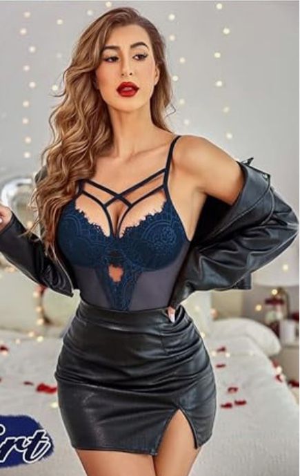XL NAVY BLUE Women Lingerie Floral Lace Harness Lingerie Bodysuit One Piece Teddy Babydoll Nightgown