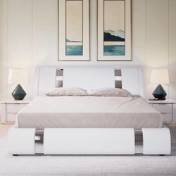 Leather Upholstered Bed Frame with Mattress Queen