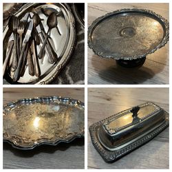 Vintage Silver-Plated Hostess Service Lot - 11pc Mixed Platter, Tray, & Flatware Set