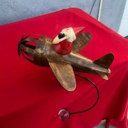 Christmas Decor Vintage Metal Santa On Airplane 