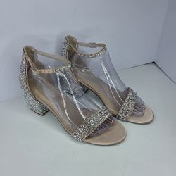 Betsey Johnson Mari Women Sandal 9 WIDE Block Heel Glass Upper Rhinestones Shiny