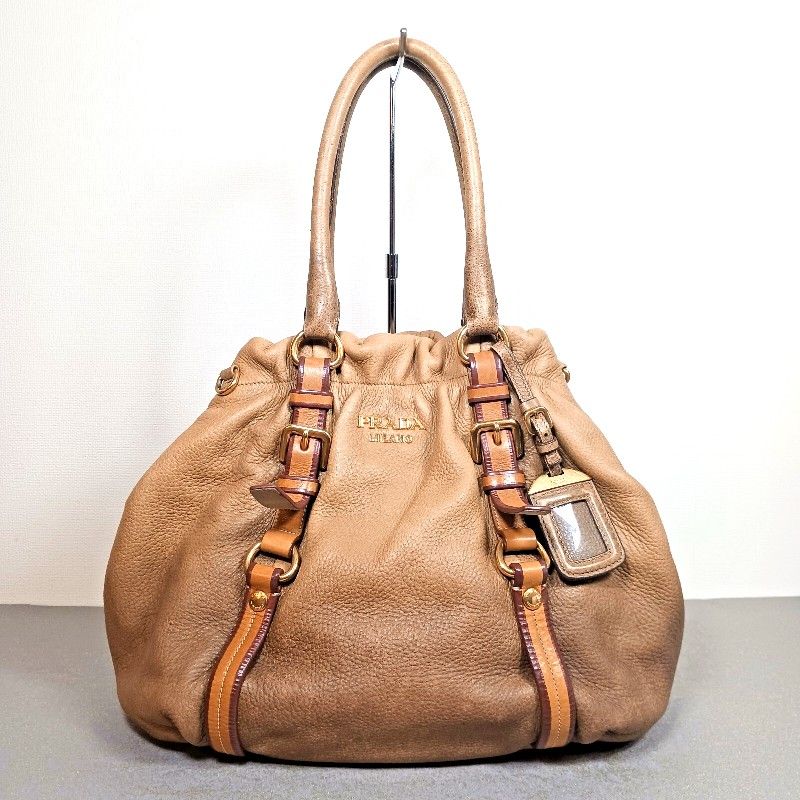 𝐏𝐑𝐀𝐃𝐀 2way Tote Bag DEERSKIN Gradation Brown With Shoulder