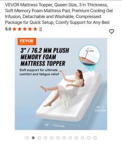 VEVOR Mattress Topper, Queen Size, 3 in Thickness, Soft Memory Foam Mattress Pad, Premium Cooling Gel Infusion, Detachable and Washable, Compressed Pa