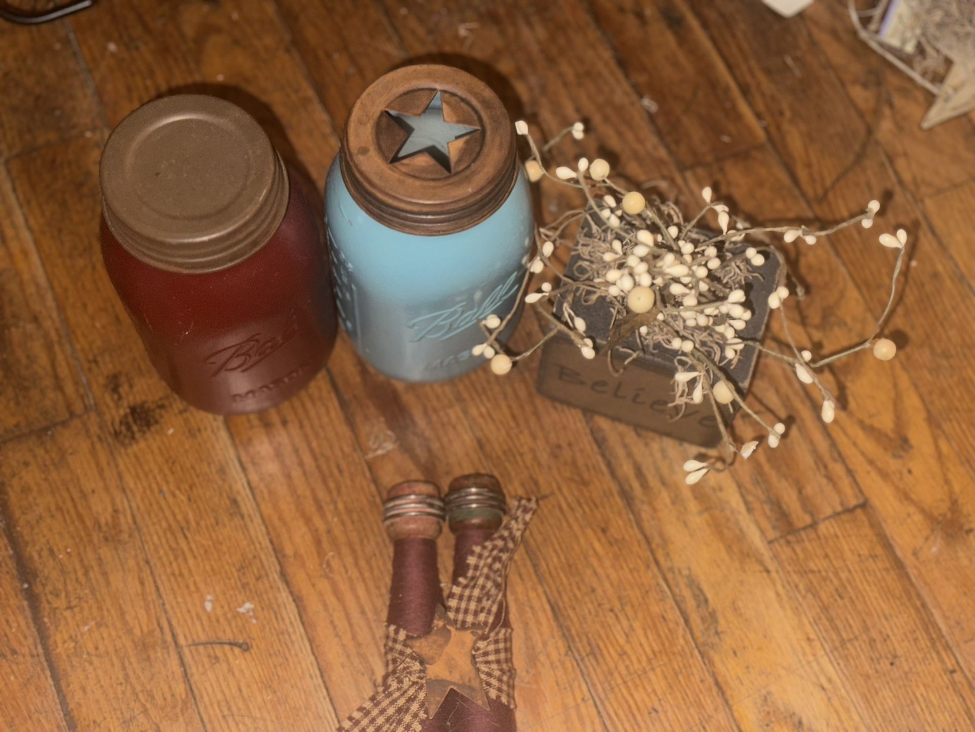 Country Lot 2 Mason Jars With Rustic Kids added, Spool Shelf Sitter And Wooden Box Says “believe” Decorated Country