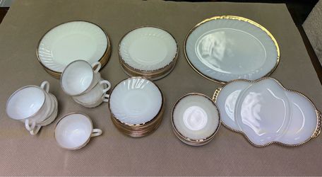 43-Piece Vintage Fire-King Milk Glass Dish Set - "Swirl" Gold Rim Pattern