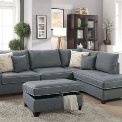 Brand New Steel 3pc Reversible Sectional Sofa With Storage Ottoman 