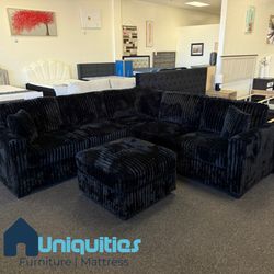 Black Corduroy Sectional With Ottoman 