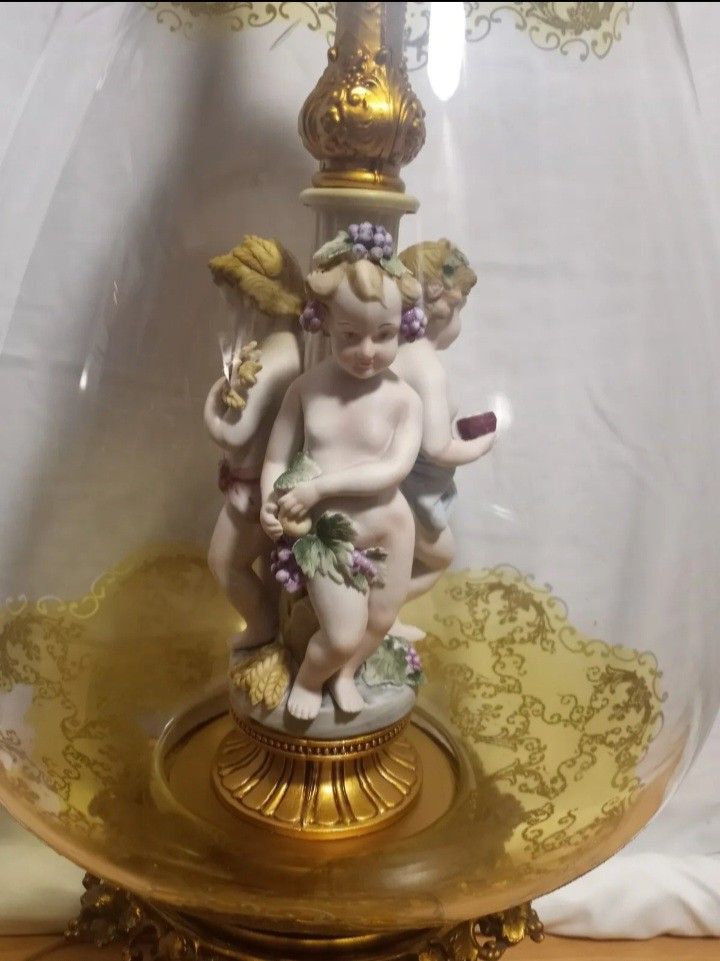 Rare Andrea By Sadek Antique Three Graces Victorian Cherub Putti Glass Lamp